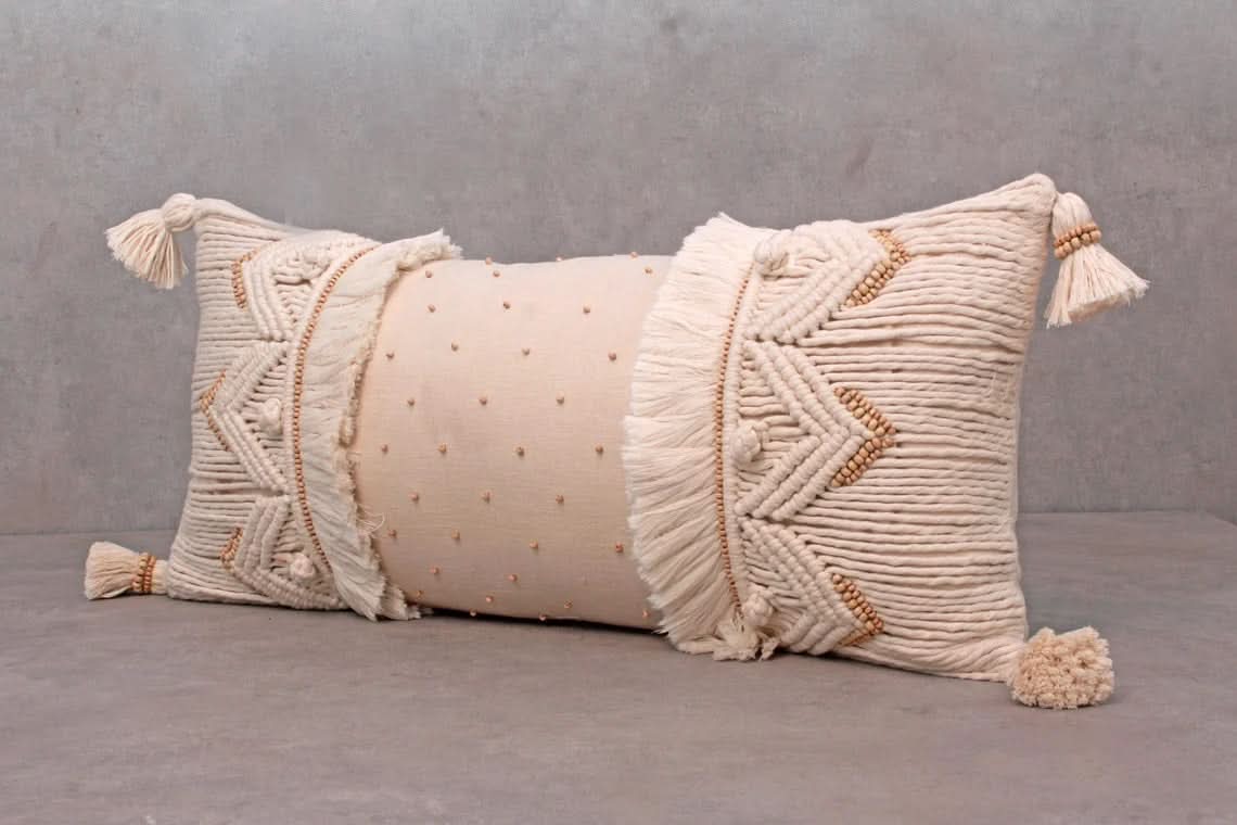 Hand Embroidered Bohemian Off White Lumbar Pillow Babcock Ranch Home