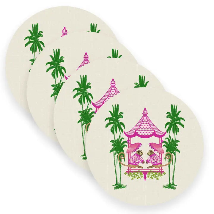 Linen Place Mats Chinoiserie Monkey Round