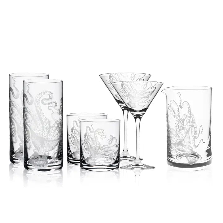 Octopus Etched Highball Glass Set of 2