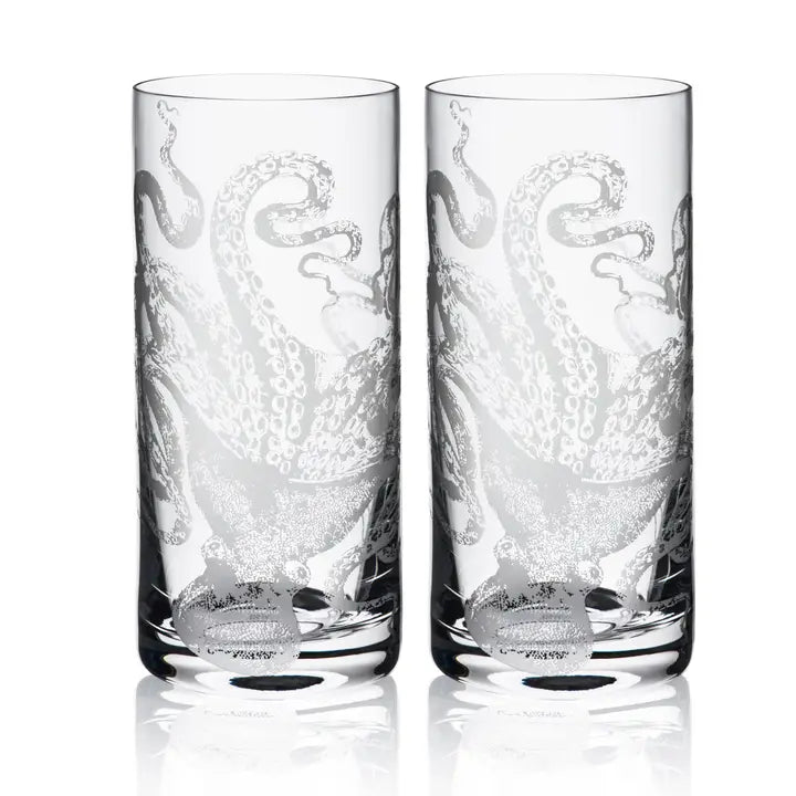 Octopus Etched Highball Glass Set of 2