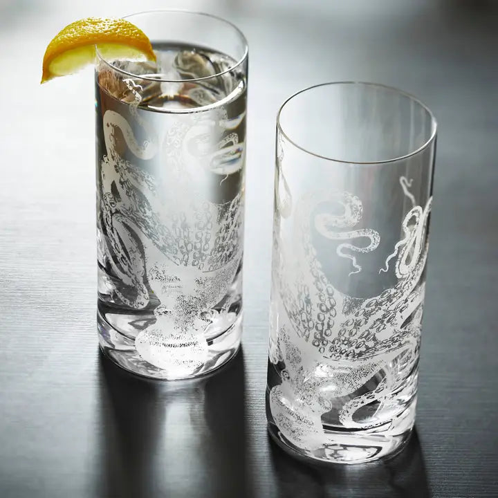 Octopus Etched Highball Glass Set of 2