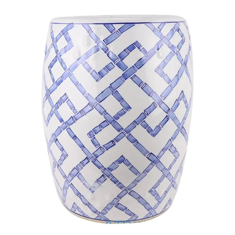 Ceramic Garden Stool in White and Blue Bamboo