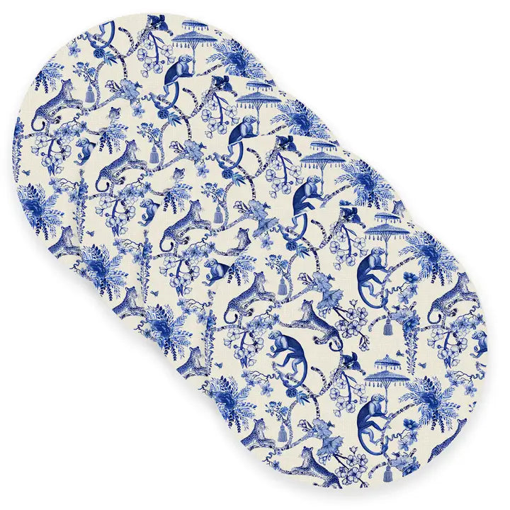 Linen Place Mats in Blue Toile Monkey Set of 4 Round