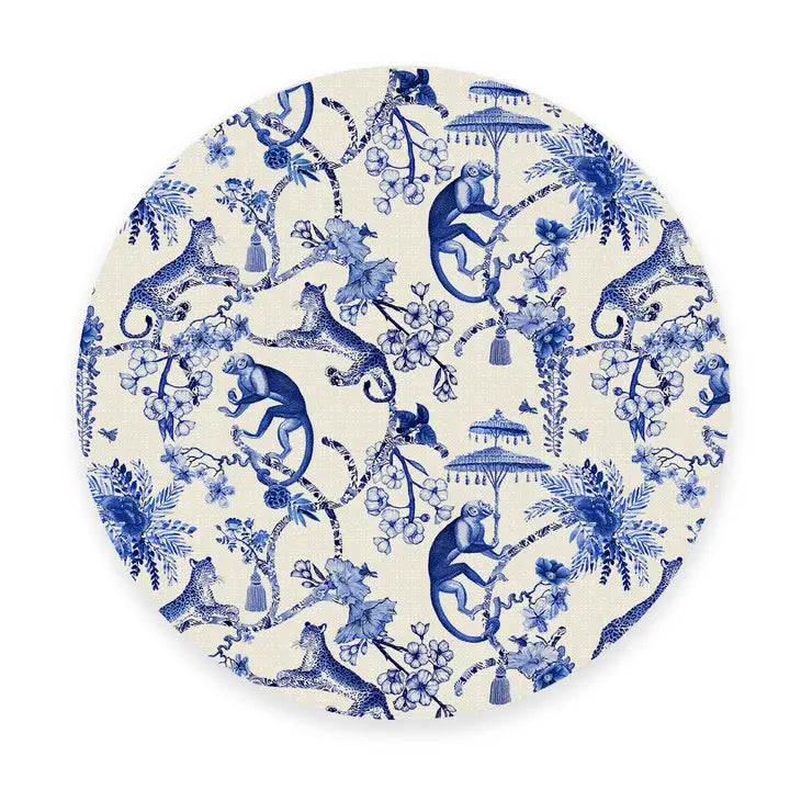 Linen Place Mats in Blue Toile Monkey Set of 4 Round