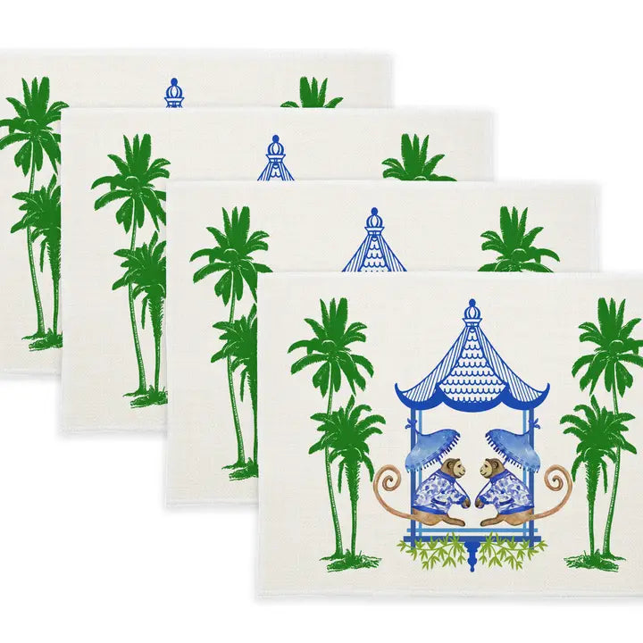 Linen Place Mats Chinoiserie Monkey Blue