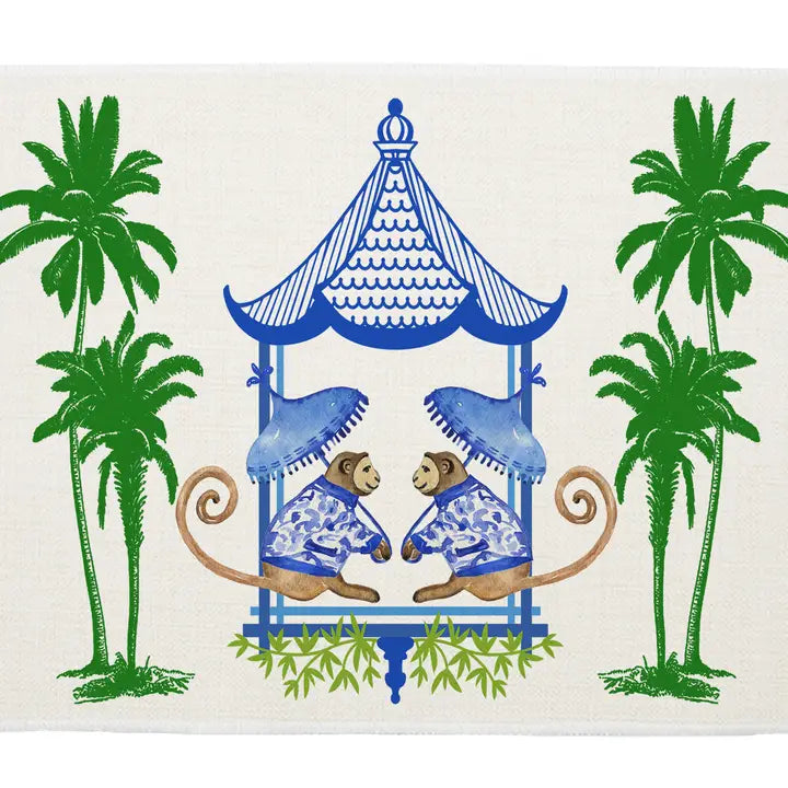 Linen Place Mats Chinoiserie Monkey Blue