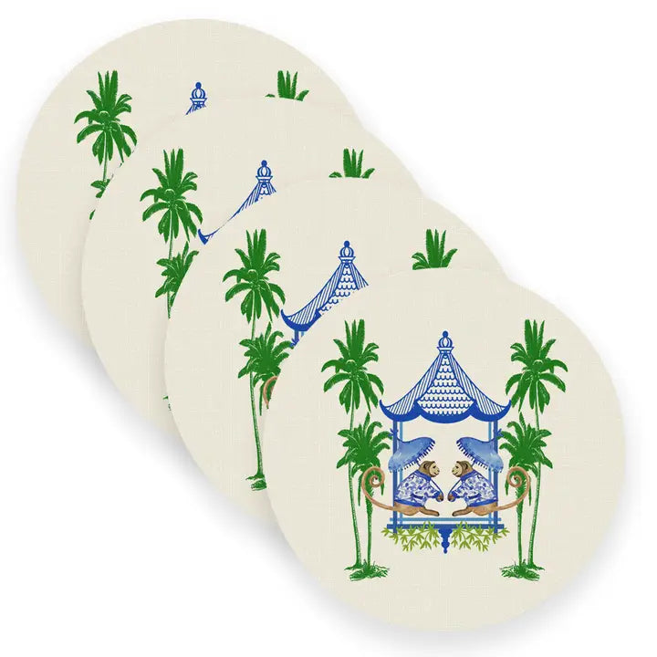 Linen Place Mats Chinoiserie Monkey Round Blue