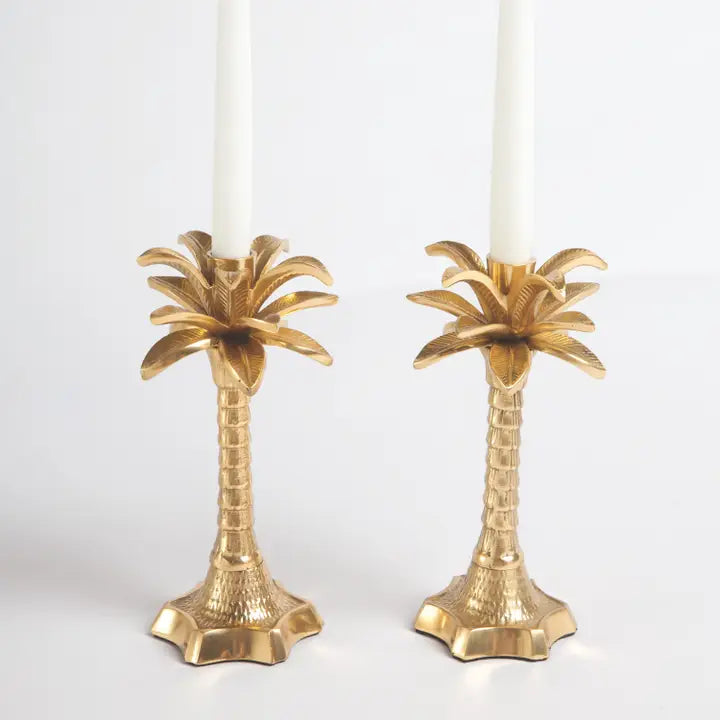 Set of Two Palm Tree Candle Sticks in Gold