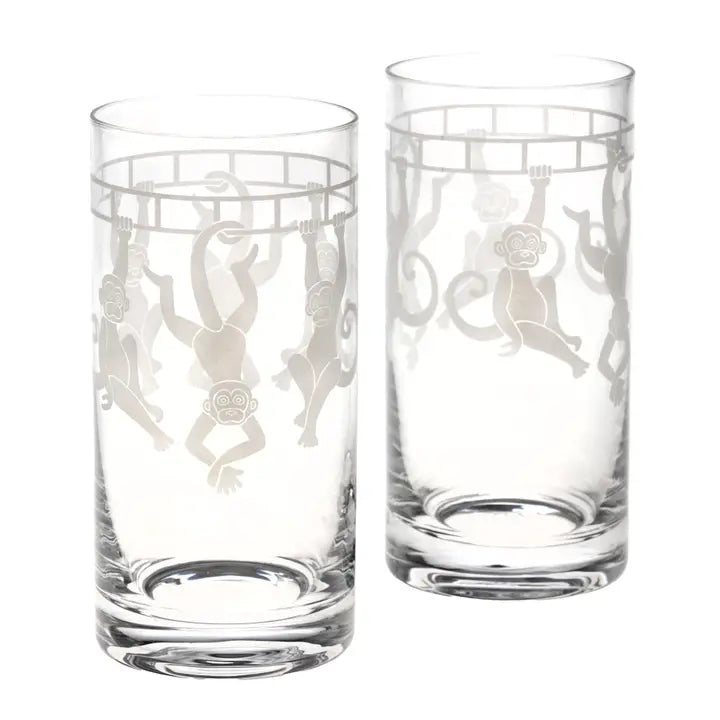 Monkeys Etched Highball Glass Set of 2