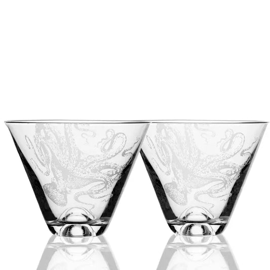 Octopus Etched Stemless Martini Glass Set of 2