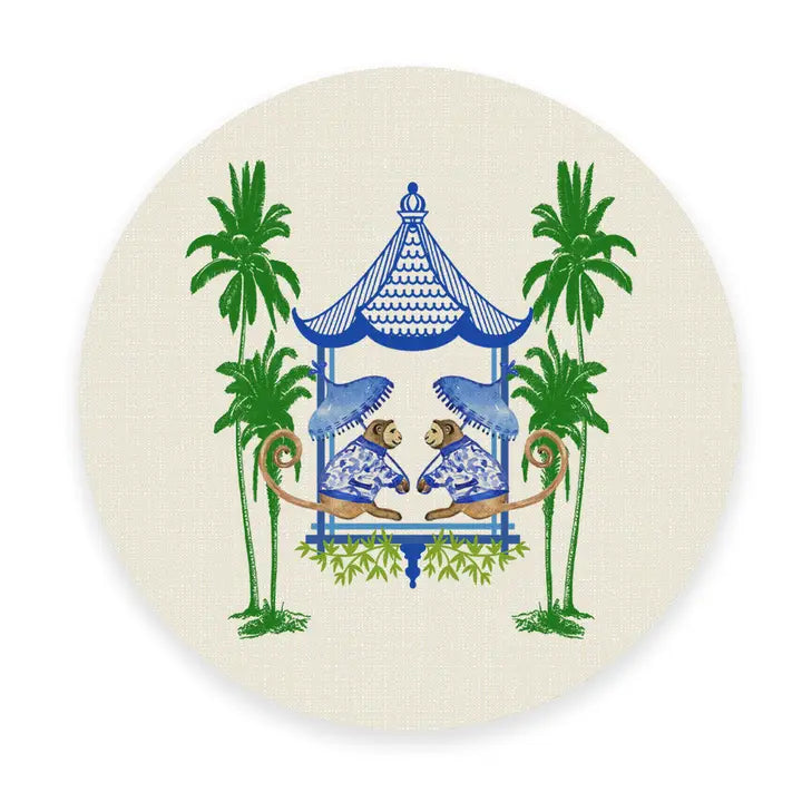 Linen Place Mats Chinoiserie Monkey Round Blue