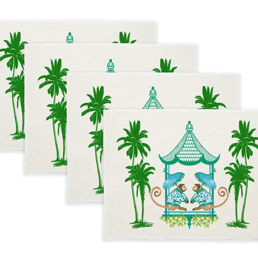 Linen Place Mats Chinoiserie Monkey Aqua