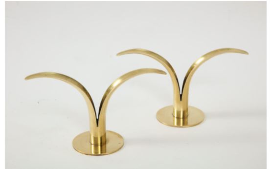 Set of Two Brass Lily Swedish MCM Candle Holders