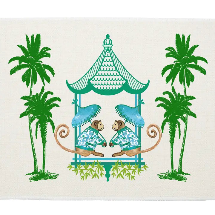 Linen Place Mats Chinoiserie Monkey Aqua