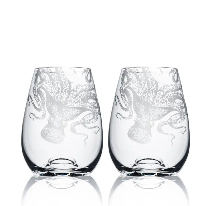 Octopus Etched Wine Glass Set of 2