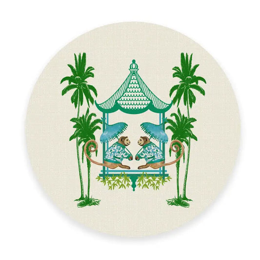 Linen Place Mats Chinoiserie Monkey Aqua Round