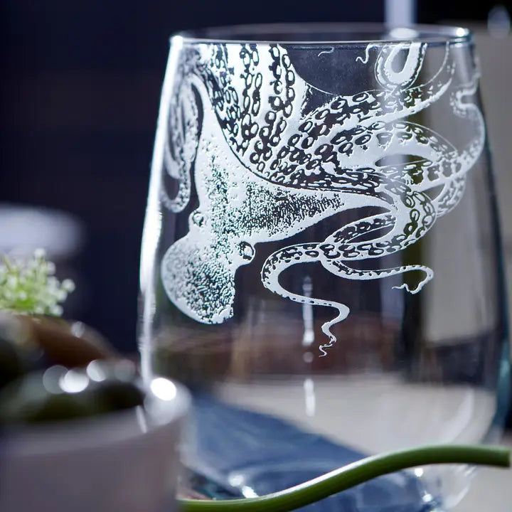 Octopus Etched Wine Glass Set of 2