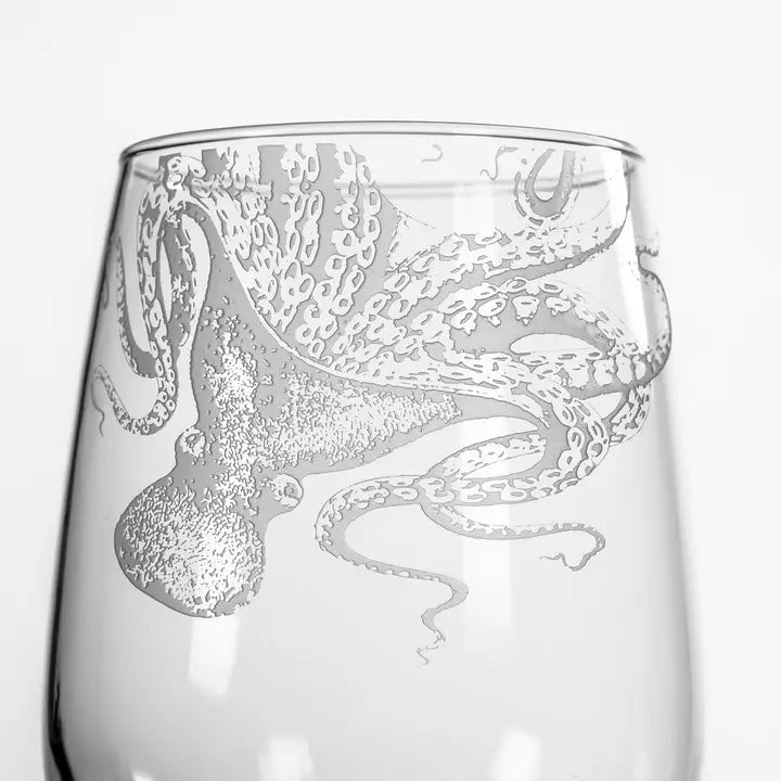 Octopus Etched Wine Glass Set of 2