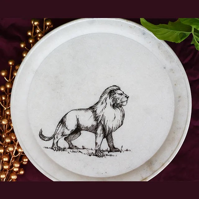 Round Hand Painted Lion Marble Tray