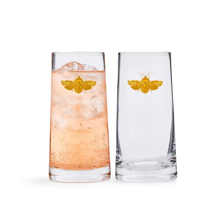 Art Deco Bee Design Highball Glass Set of 2