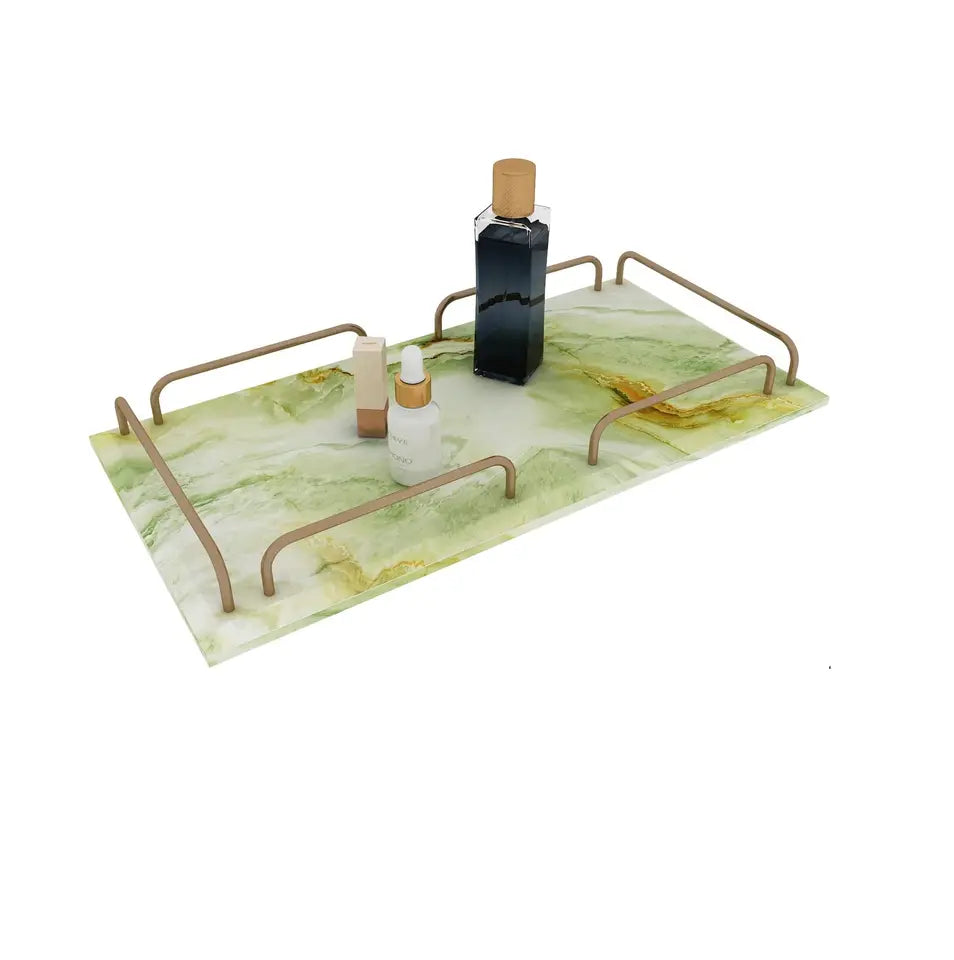Green Marble Tray with Brass Handles