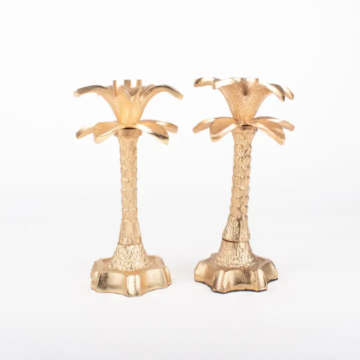 Set of Two Palm Tree Candle Sticks in Gold