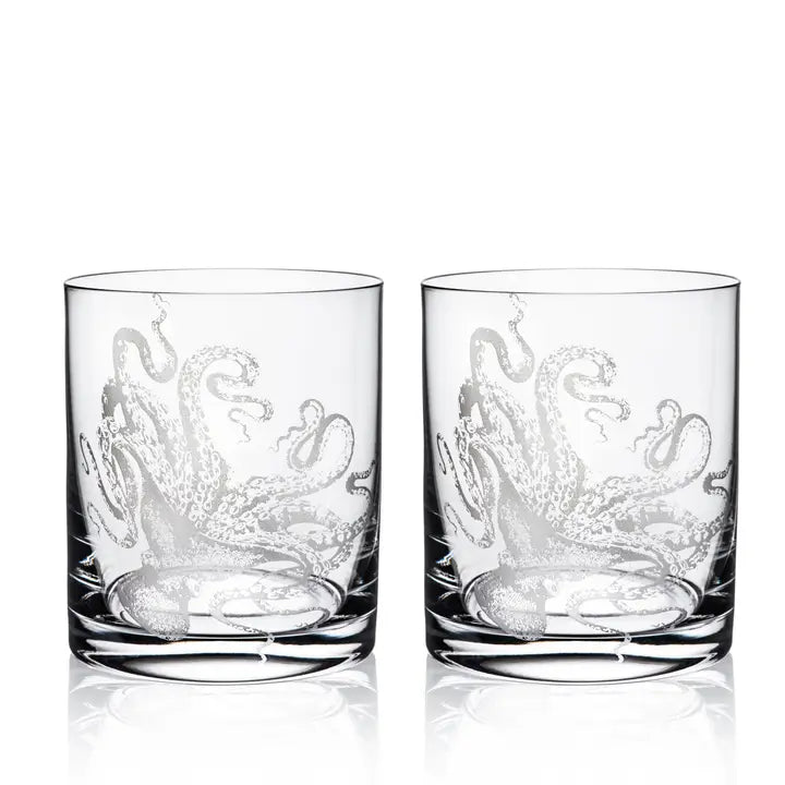 Octopus Etched Drink Rocks Glass Set of 2