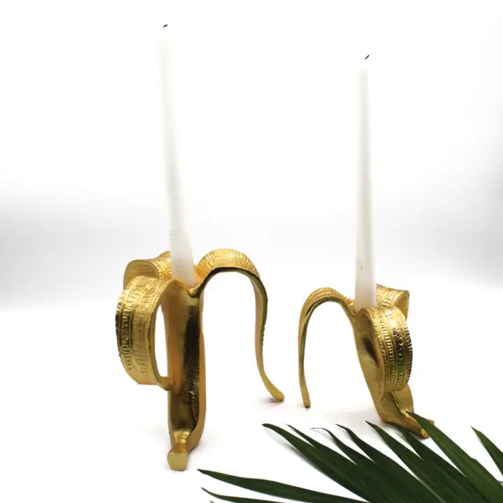 Set of Two Banana Candle Sticks in Gold