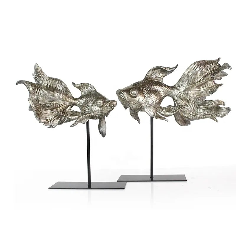 Set of Two Lagre Fish Statues in Silver Resin