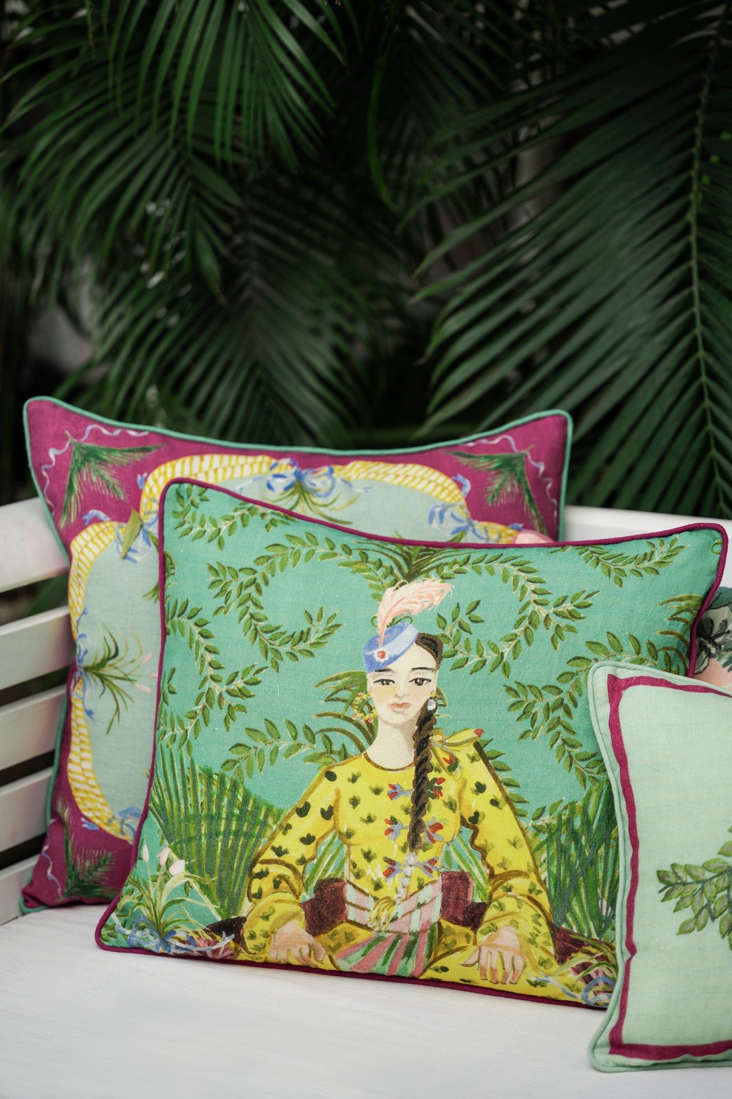 Hand Printed Indian Princess Pillow in Linen Lime