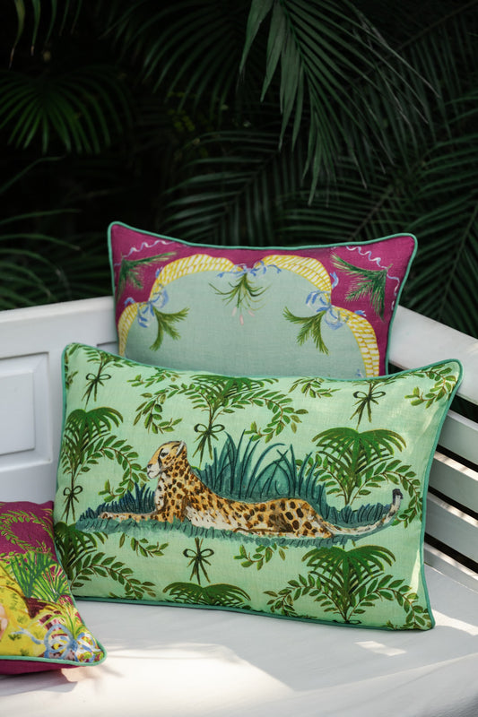 Hand Printed Cheetah Pillow in Linen Lime