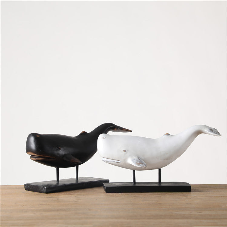 Set of Two Whale Sculptures in Black and White