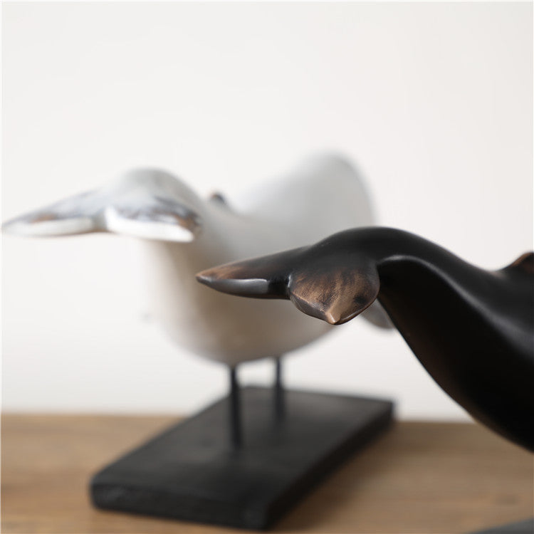 Set of Two Whale Sculptures in Black and White