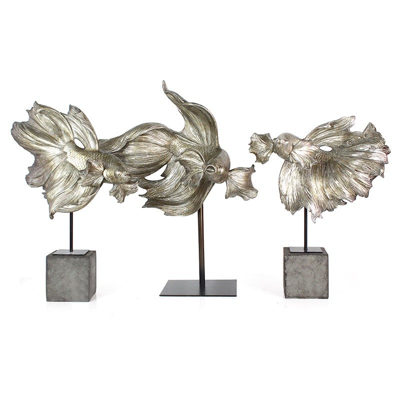 Set of Two Lagre Fish Statues in Silver Resin