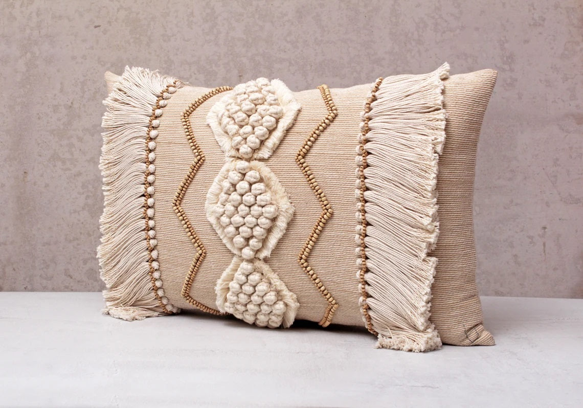 Hand Embroidered Bohemian Tan and Ivory Lumbar Pillow