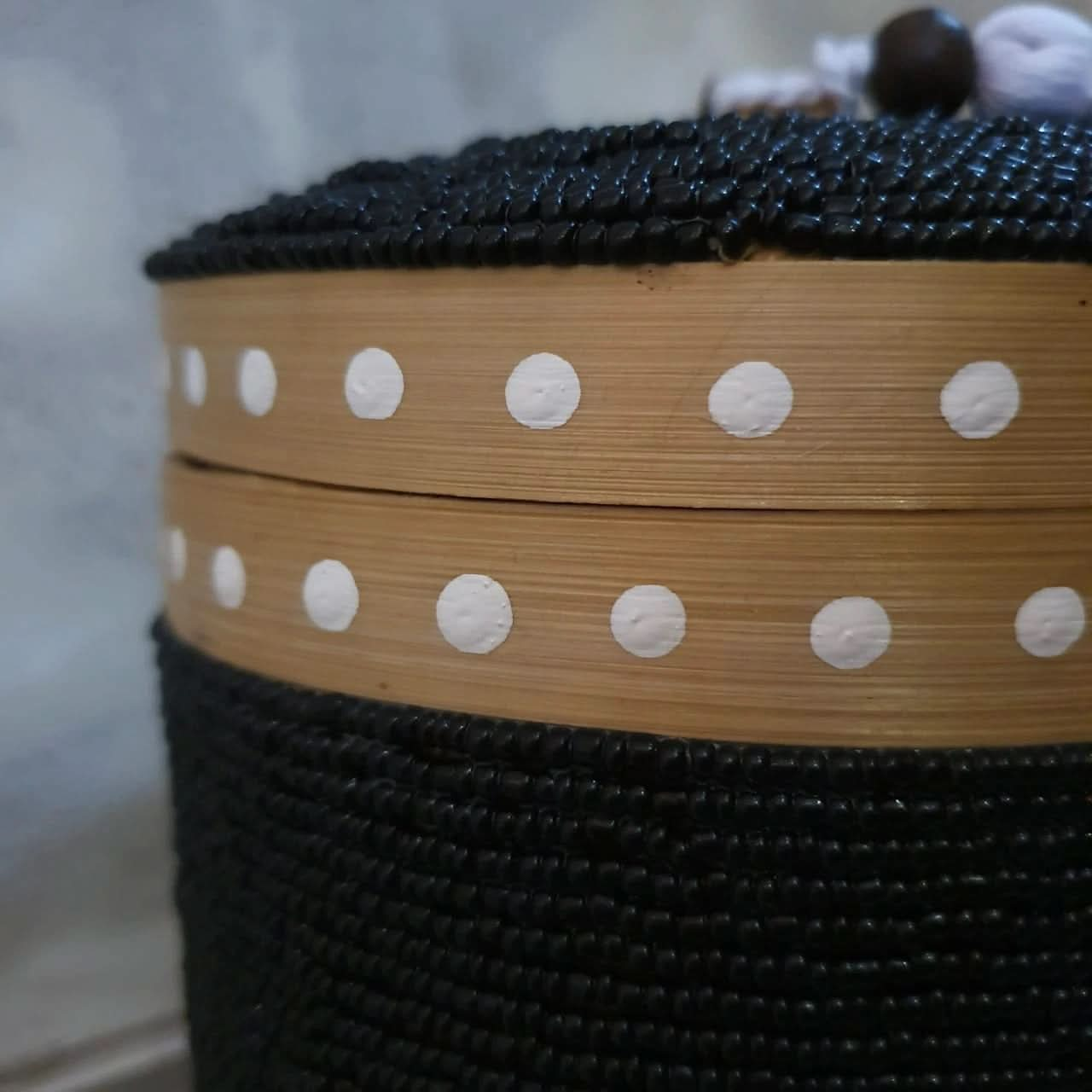 Round Beaded Medium Storage Boxes Bamboo in Black