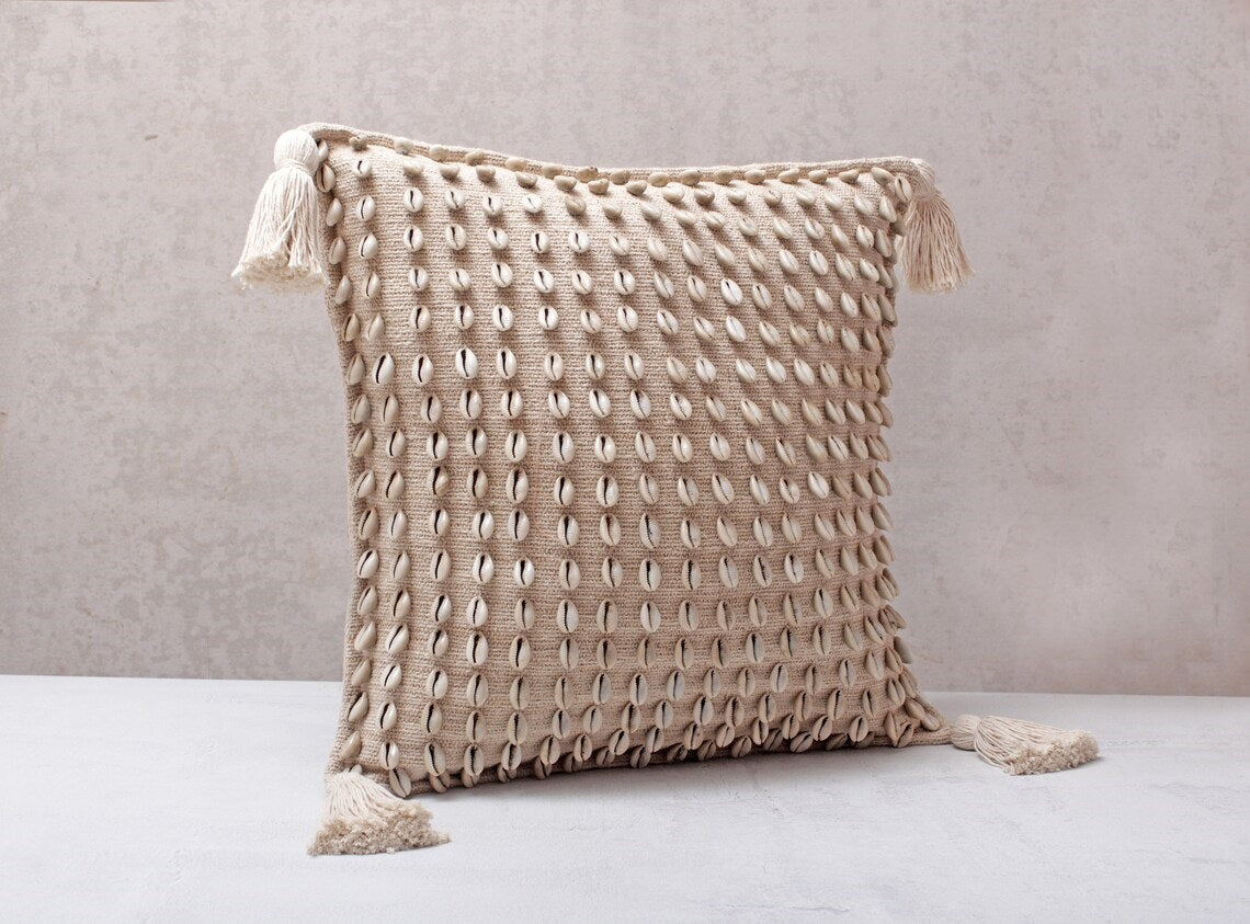 Square Beige Tassel Pillow with Cowrie Shells