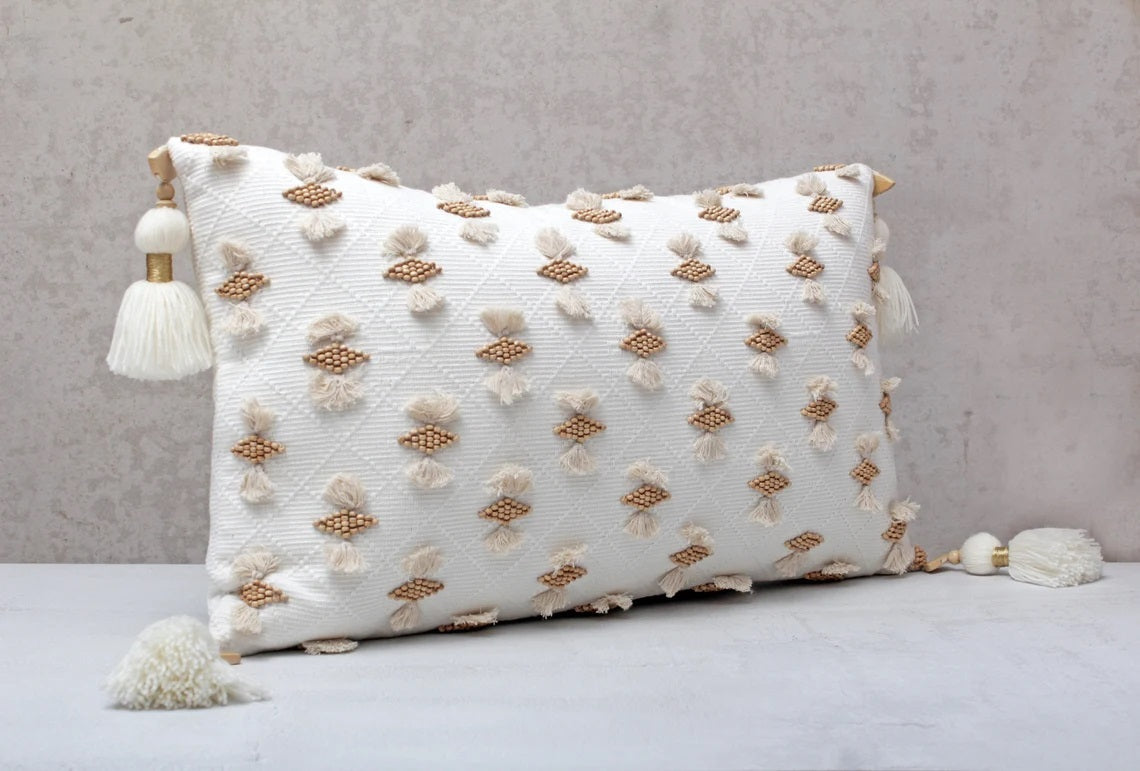 Hand Embroidered Bohemian White Beaded Lumbar Pillow