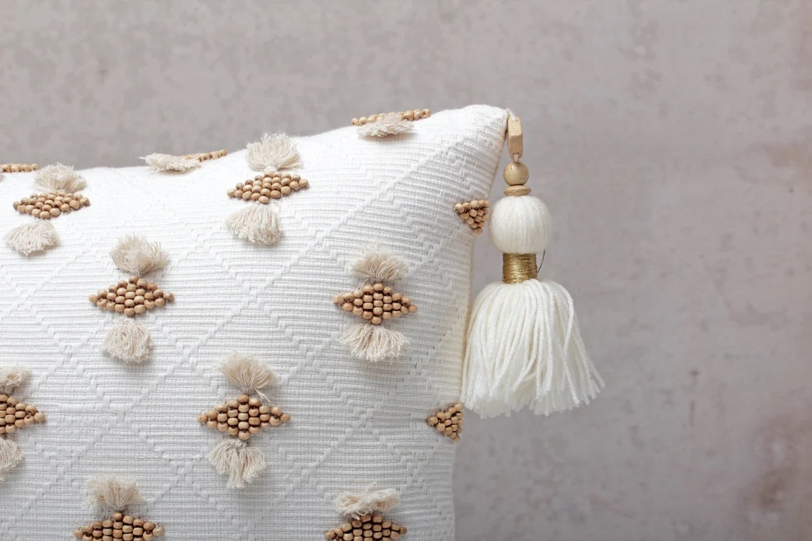 Hand Embroidered Bohemian White Beaded Lumbar Pillow