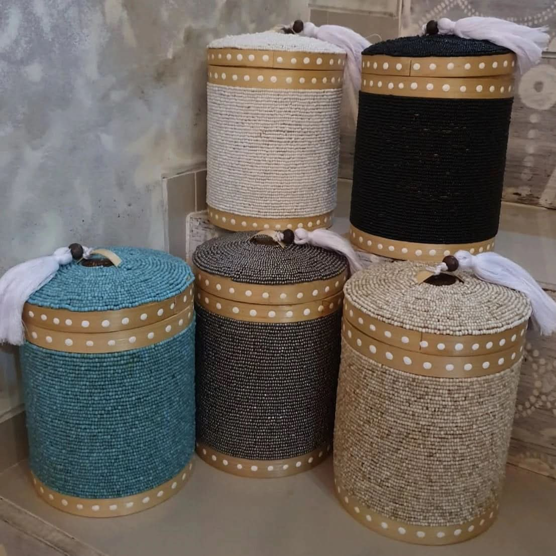 Round Beaded Medium Storage Boxes Bamboo in Black