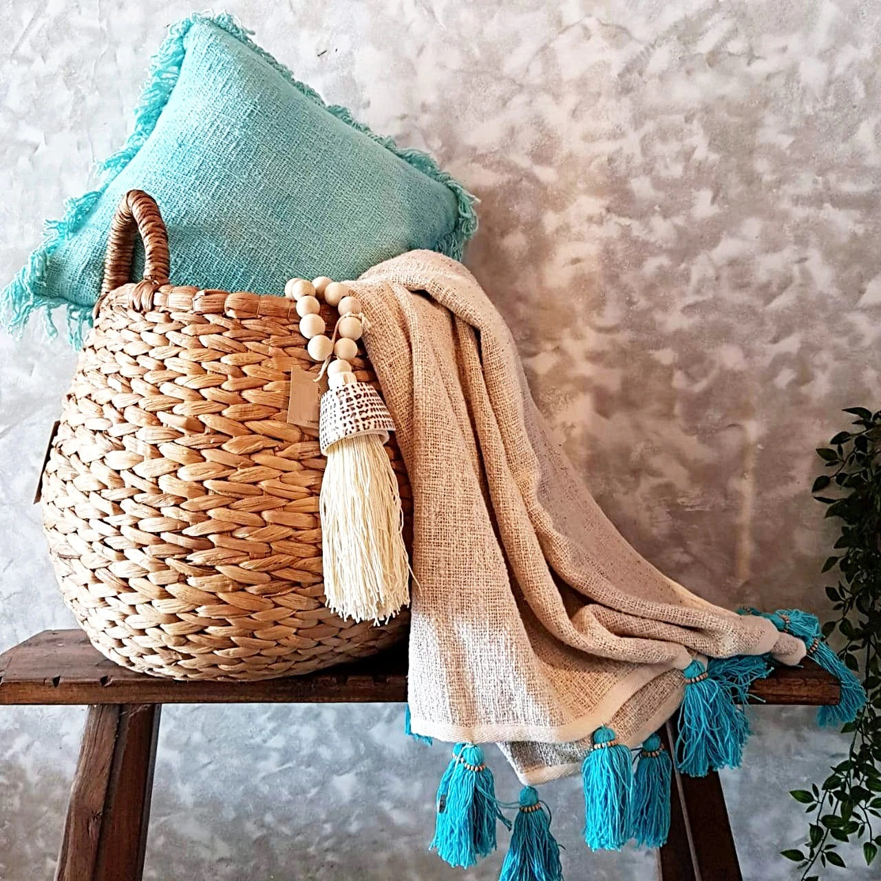 Soft Natural Throw Blanket with Turquoise Tassels