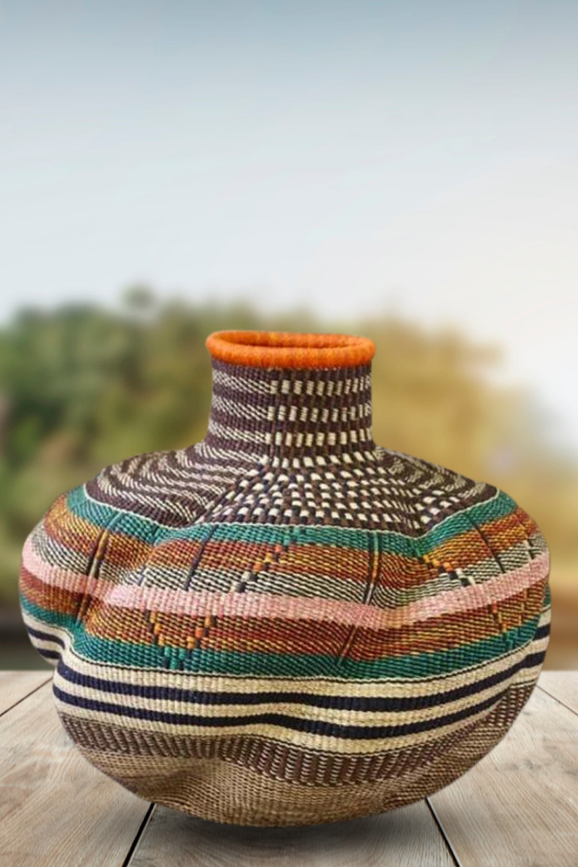 Large twist weave Tribal Ghana Basket in Orange Teal and Pink