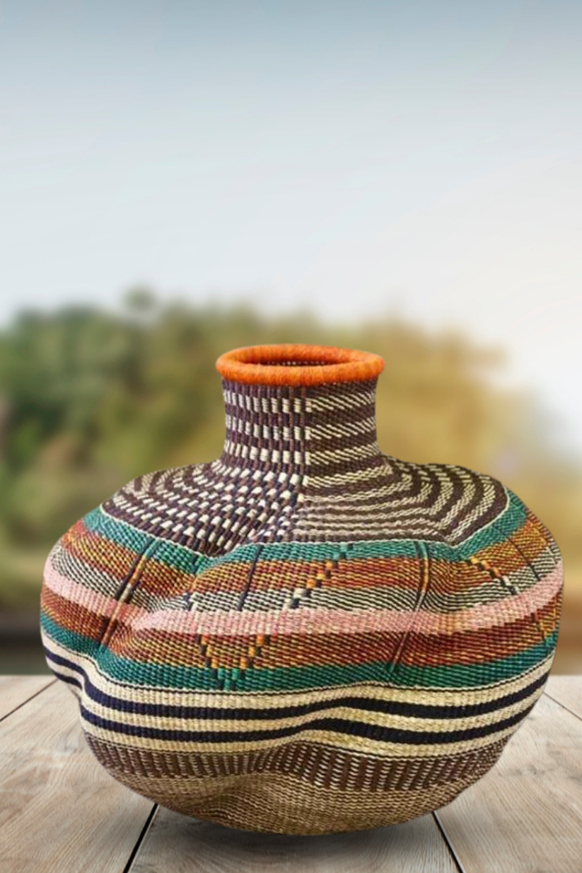 Large twist weave Tribal Ghana Basket in Orange Teal and Pink