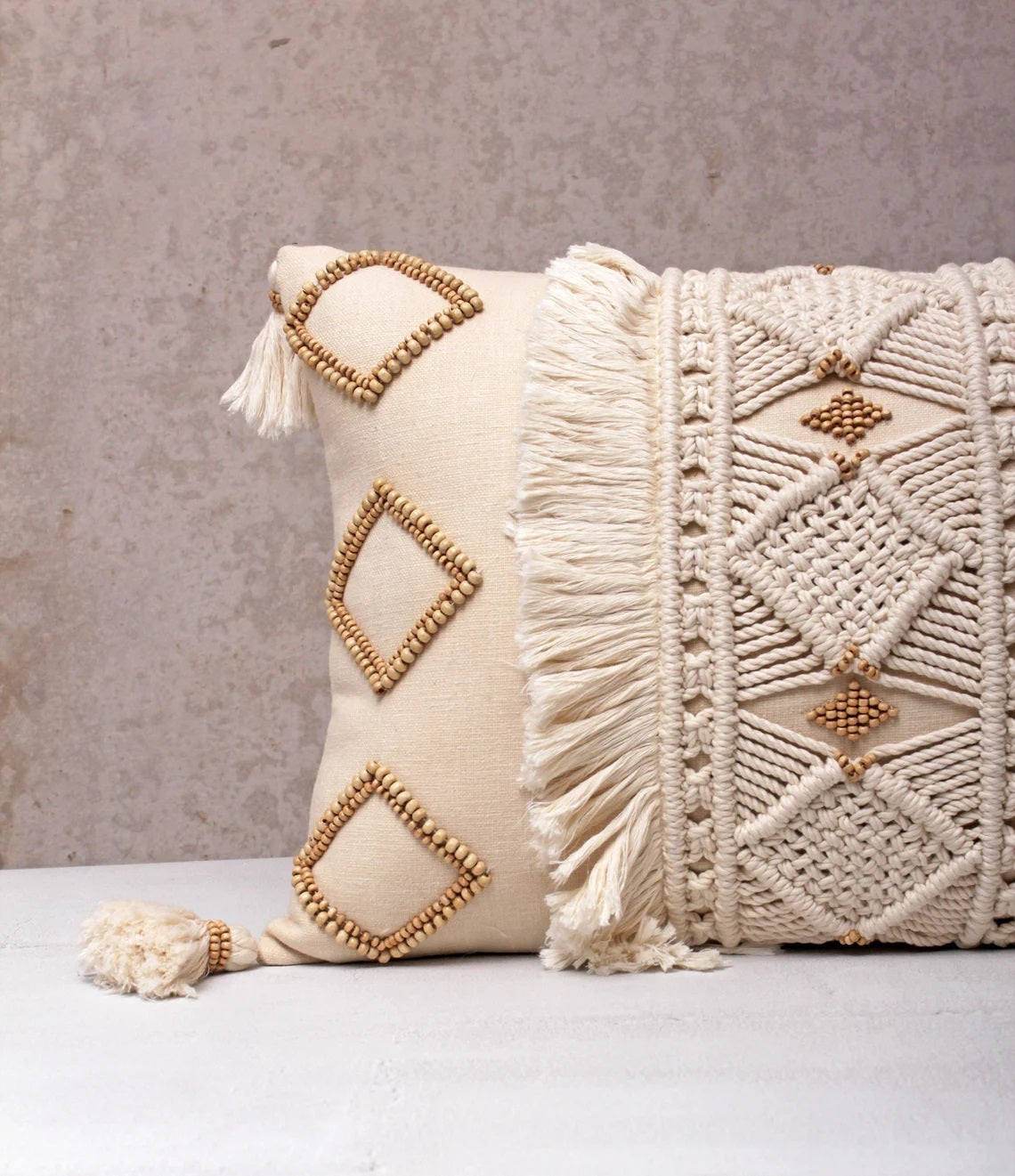 Hand Embroidered Bohemian Beige and Ivory Lumbar Pillow