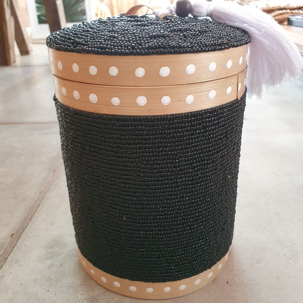 Round Beaded Medium Storage Boxes Bamboo in Black