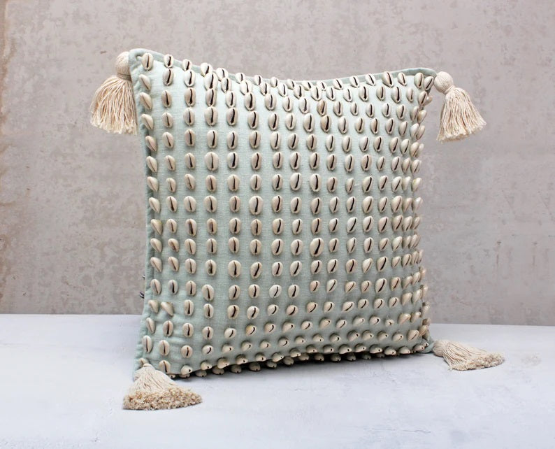 Square Light Blue Tassel Pillow with Cowrie Shells