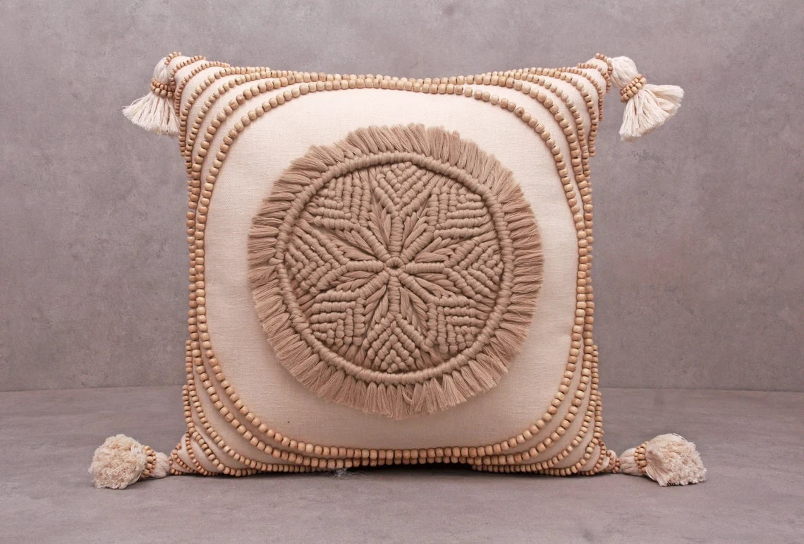 Hand Embroidered Tan Macrame Pillow
