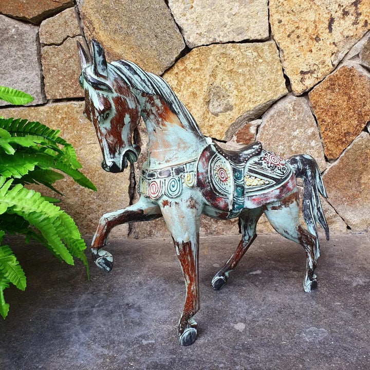 Carved Prancing Horse in Aqua and Brown Medium