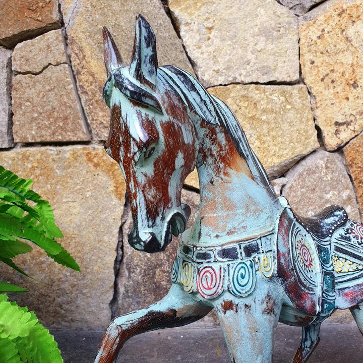 Carved Prancing Horse in Aqua and Brown Medium