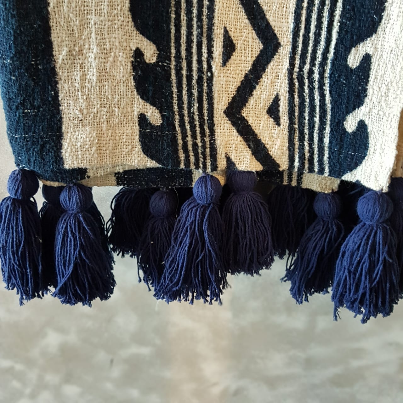 Navy and Ivory Wave Throw Blanket with Tassels